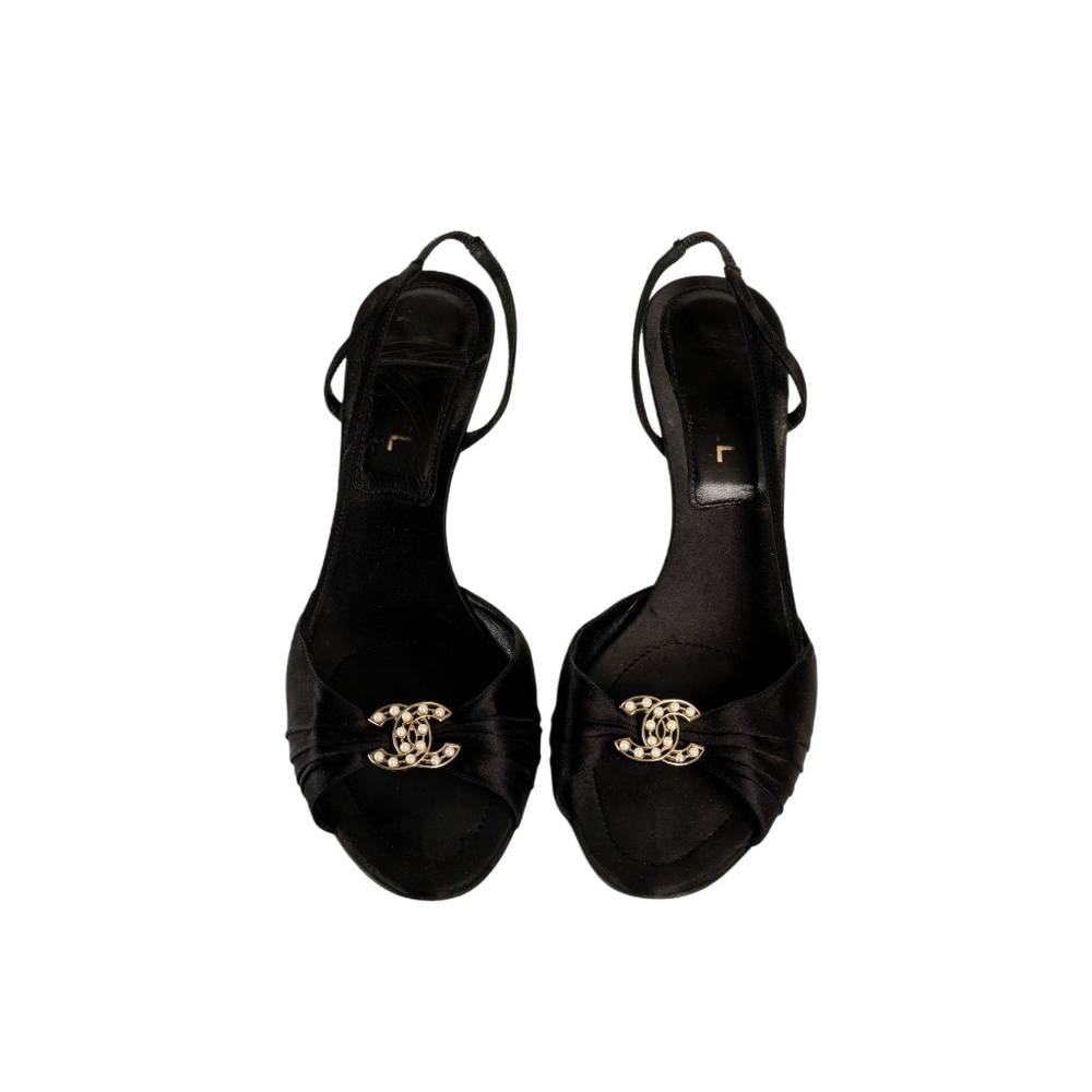 CHANEL 2005 “CC” Pearl Embellished Black Satin Slingback Heels